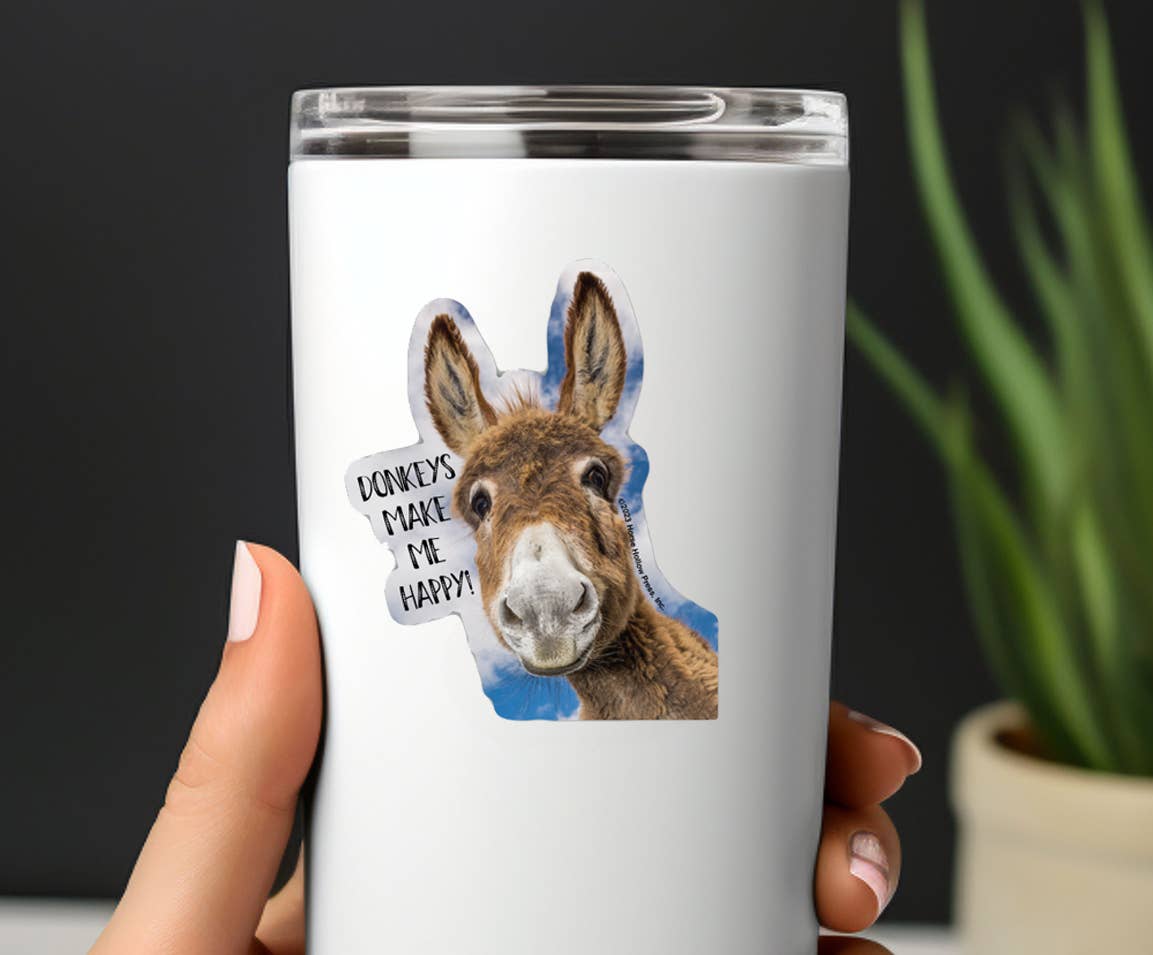 Donkey sticker - “donkeys make me happy” on white tumbler