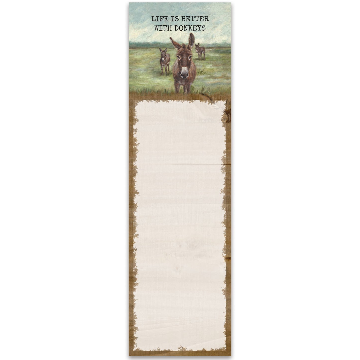 Notepad with donkey illustration and 'Life is better with donkeys' text on a white background