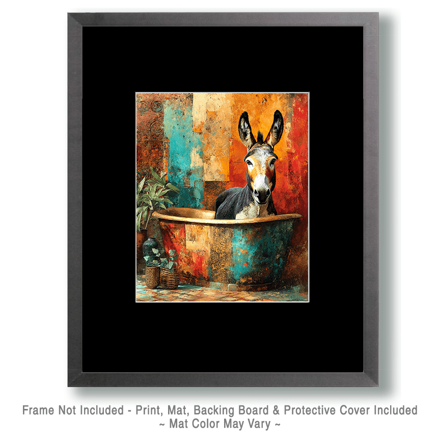Donkey in bathtub matted framed