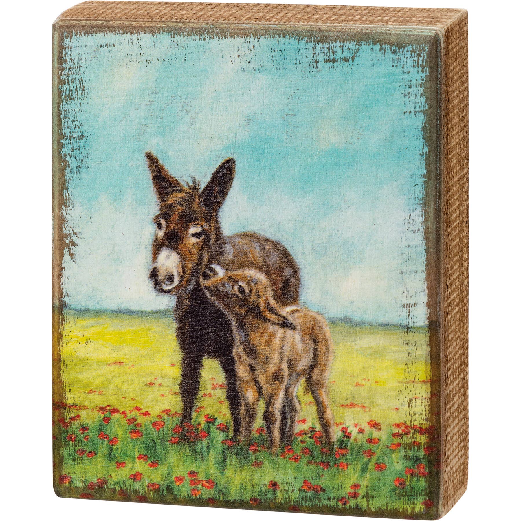 Decorative box picture with illustration of a donkey and foal in a field