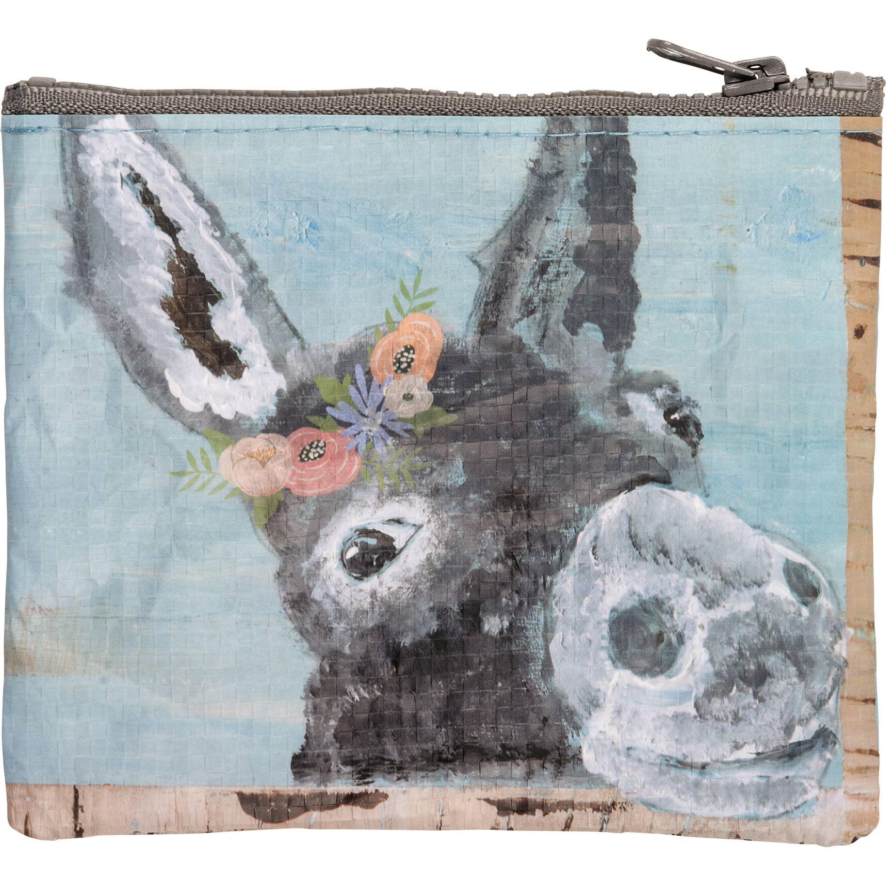 Pouch with a donkey design and floral wreath on a textured background