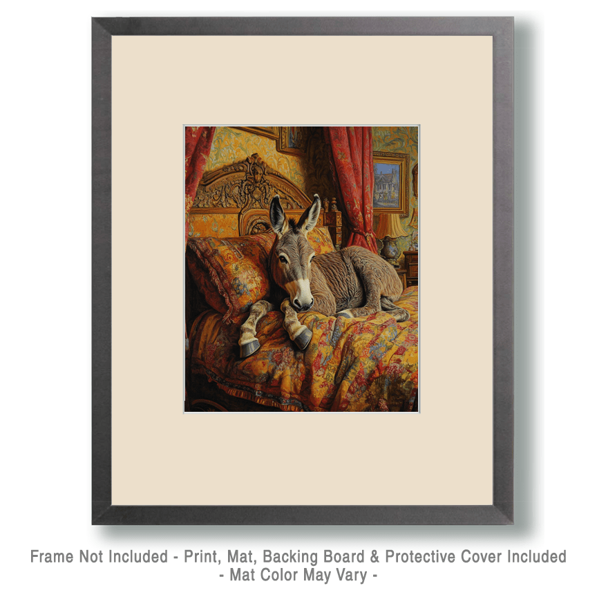 Donkey lounging on bed matted framed