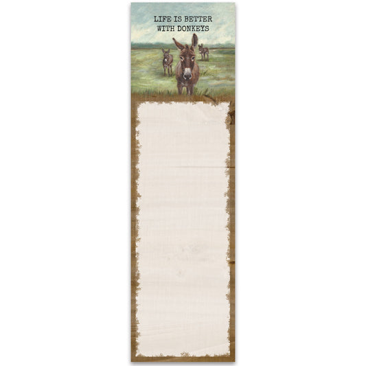 Notepad with donkey illustration and 'Life is better with donkeys' text on a white background