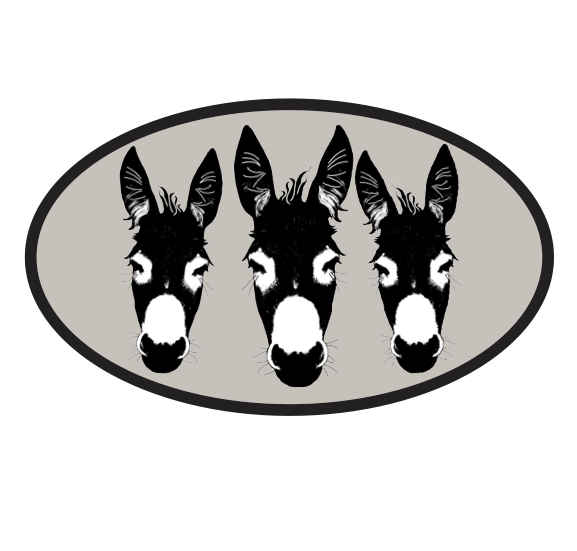 Donkey sticker- Three donkey faces in black and white on a gray oval background