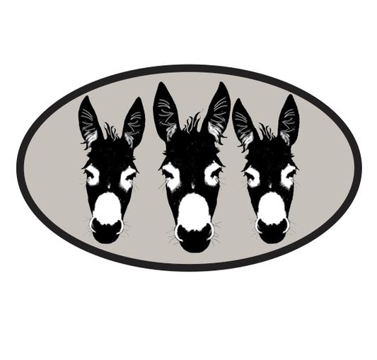 Donkey sticker- Three donkey faces in black and white on a gray oval background