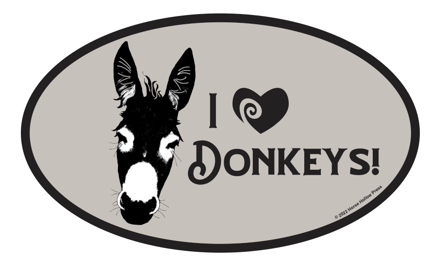Oval-shaped sticker with a donkey illustration and 'I ❤️ Donkeys!' text on a beige background.