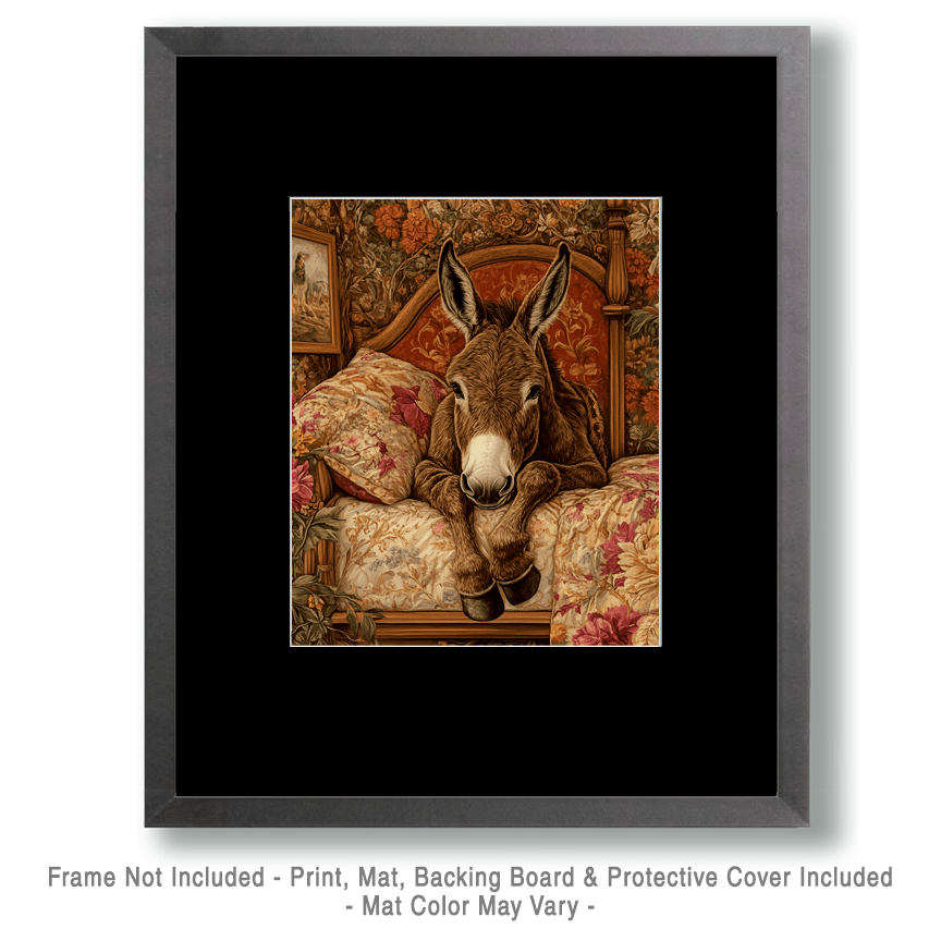 Donkey on bed matted framed