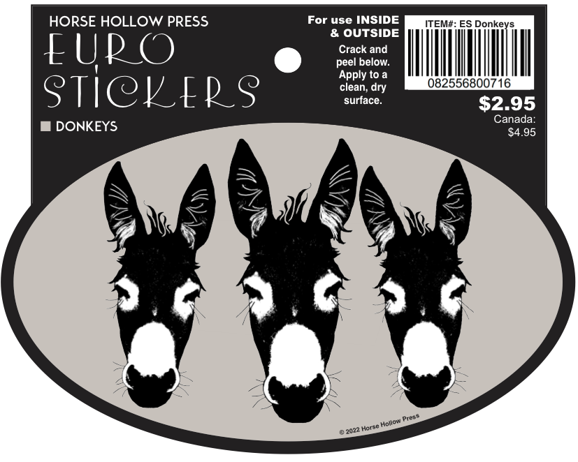 Horse Hollow Press Euro Stickers with three donkey faces on a gray background in package 