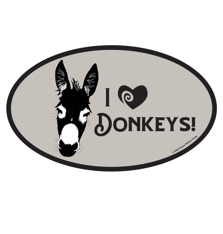 Oval-shaped sticker with a donkey illustration and 'I ❤️ Donkeys!' text on a beige background