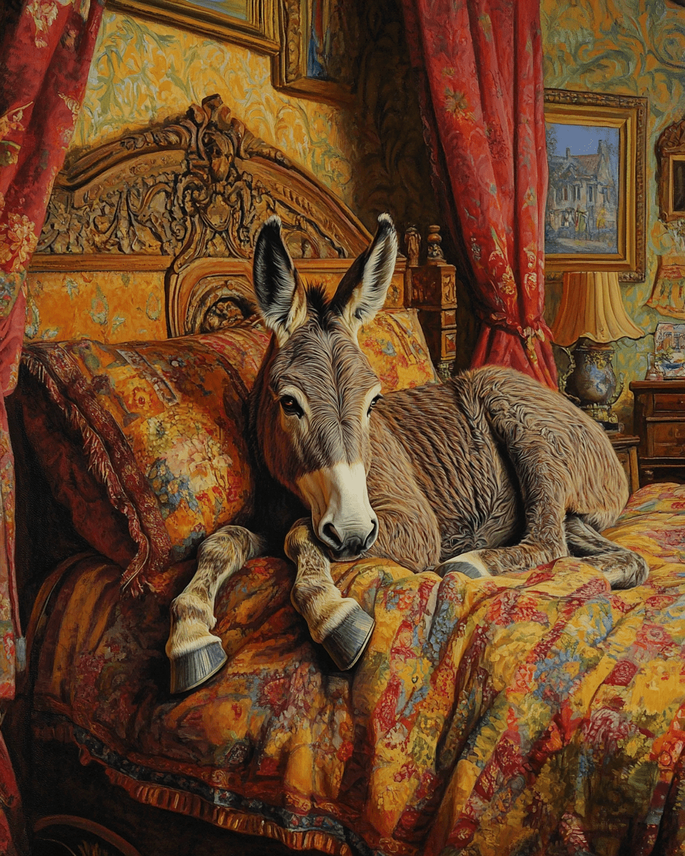Donkey lounging on bed